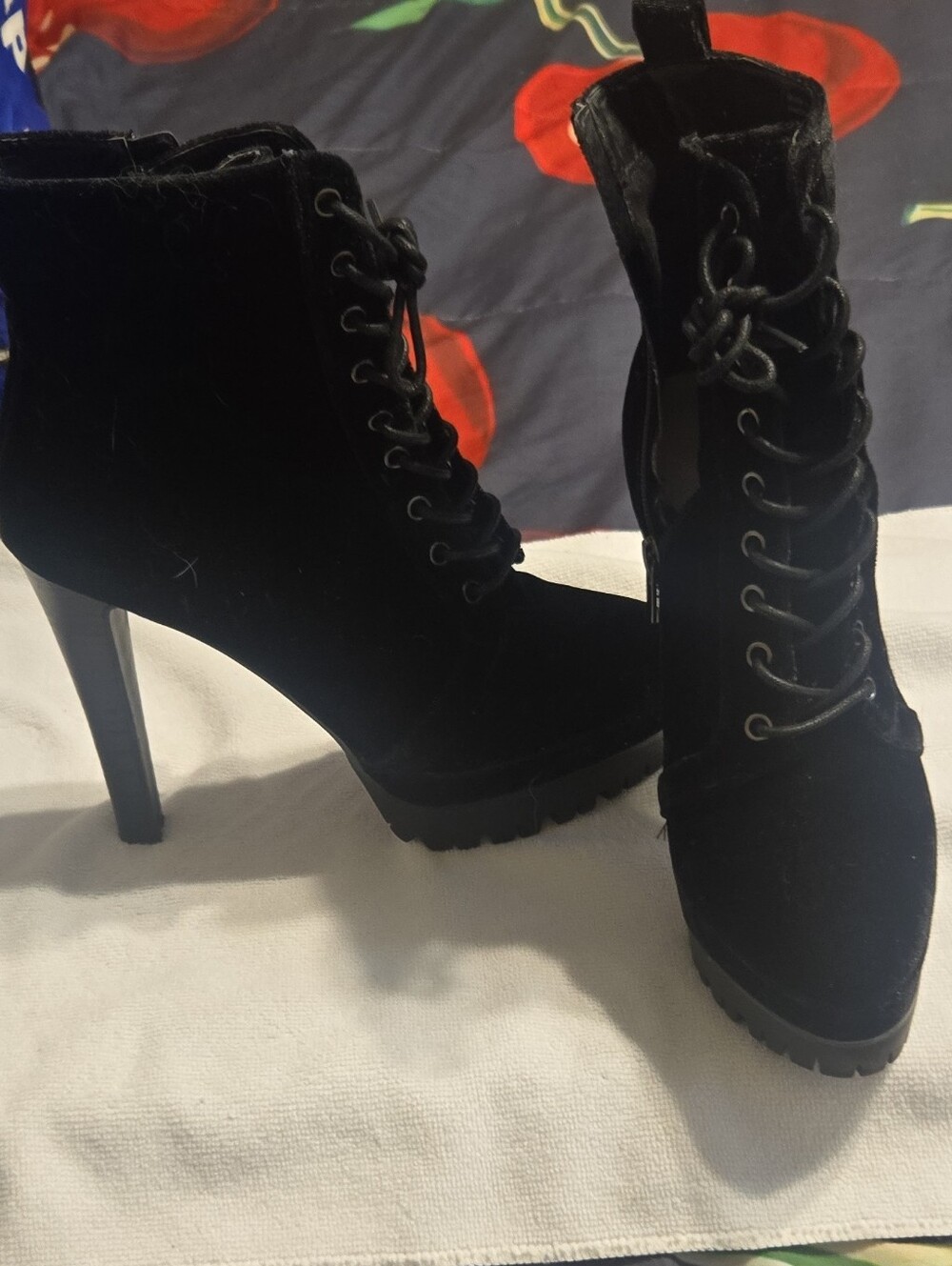 Velvet Black Lace-Up High Heel Ankle Boots - Women 8